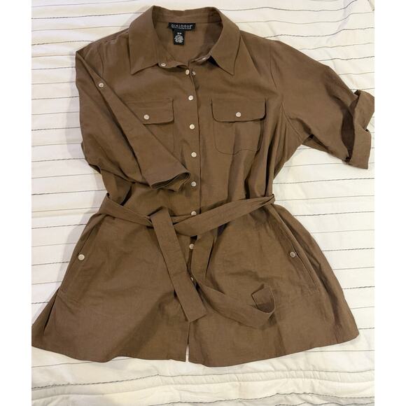 Dialogue | Women’s Brown Collared Linen Button Up Shirt Tunic Belt - Size 18W - Picture 8 of 10